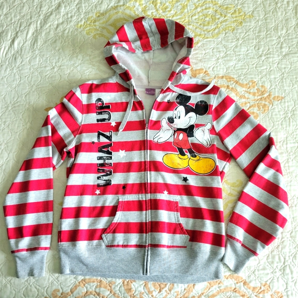 Vintage Disney zip up hoodie, Juniors size 15/17, red and gray striped